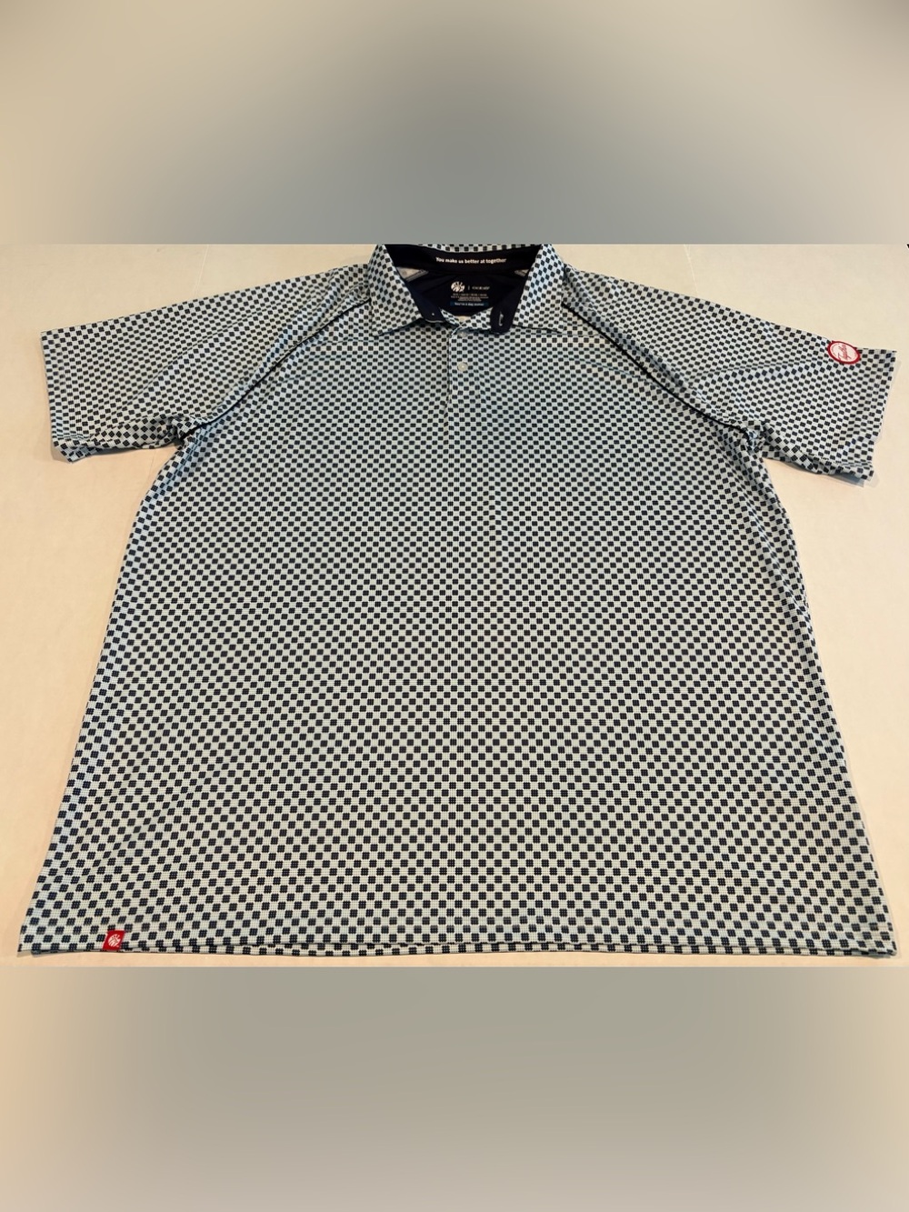 Chick Fil A Polo Shirt Oobe Mens Size XL Blue Geometric All Over Print Employee